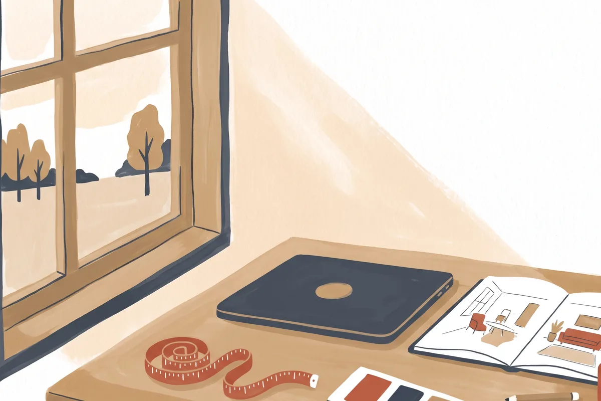 A desk by a window with a closed laptop, a notebook, a tape measure, paint sample cards and a mug