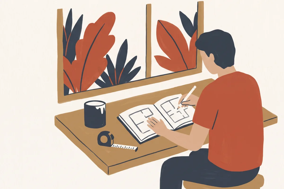 A person seen from behind at a desk by a window, sketching a room plan in a notebook
