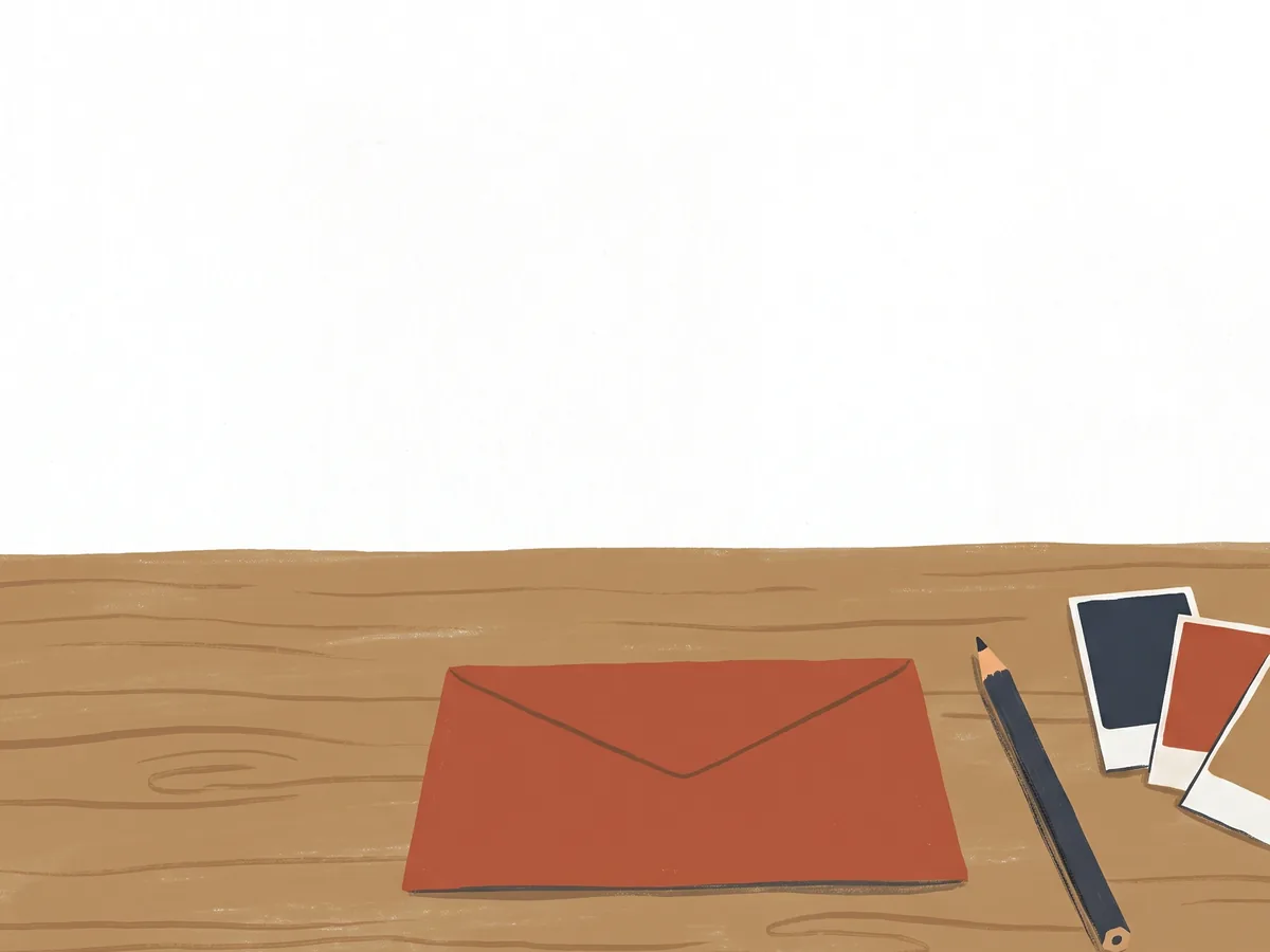 An envelope and a pencil on a workbench beside a few blank paint sample cards