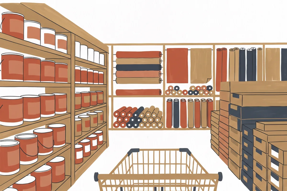 A hardware store aisle with shelves of paint cans, wallpaper rolls and stacked flooring cartons, a cart in front