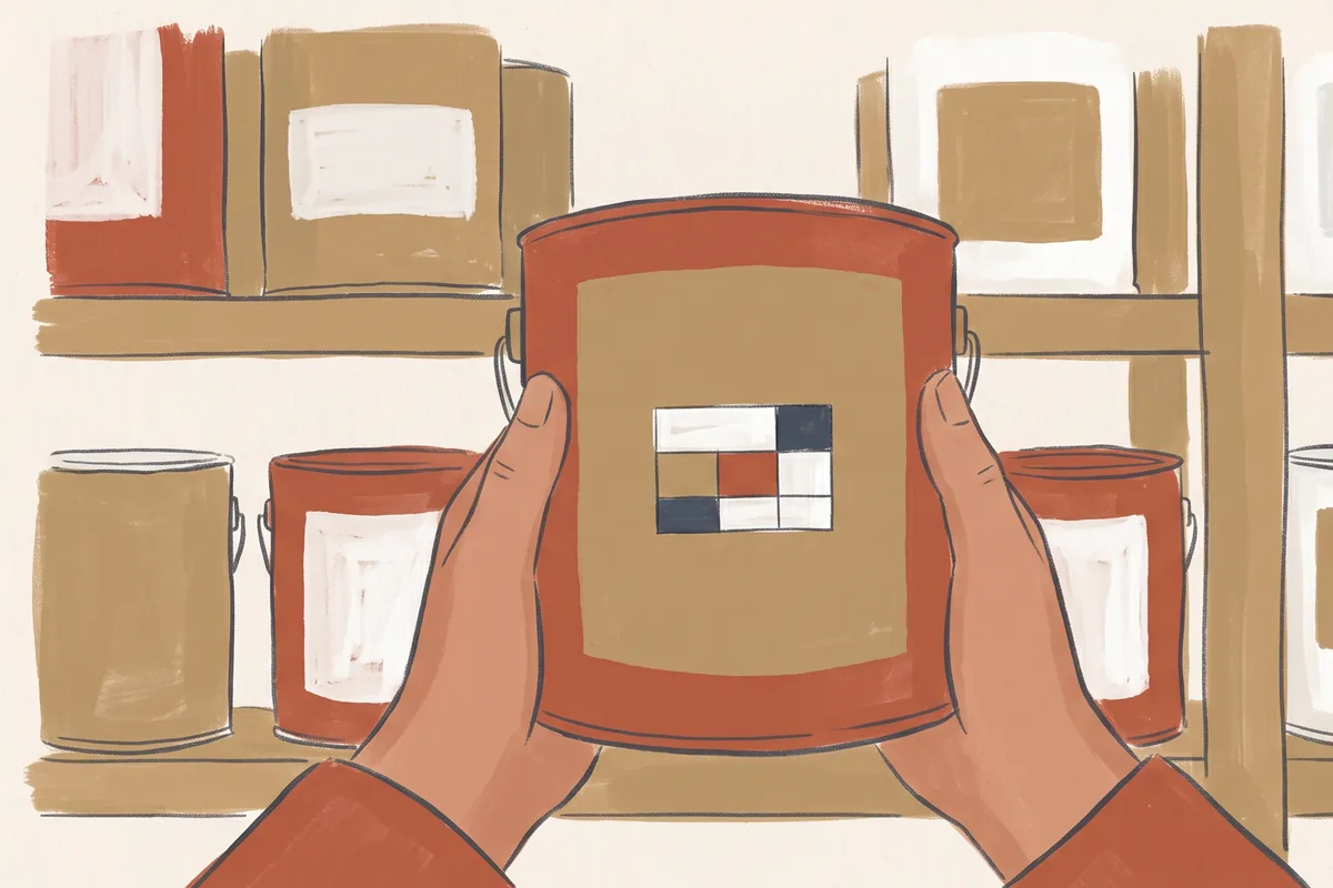 Two hands turning a paint can to read the back of its label in a hardware store aisle