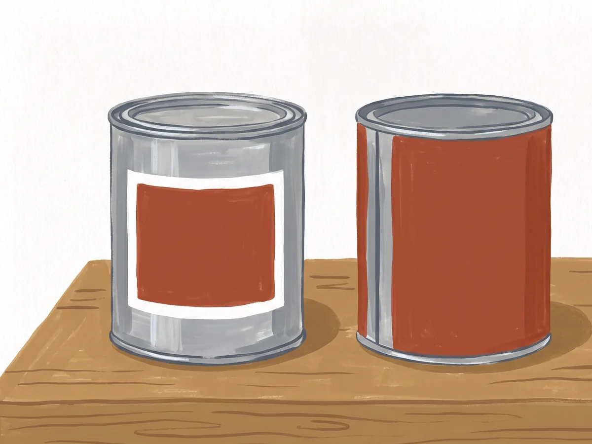Two paint cans of the same size on a workbench, one turned to show the back of its label