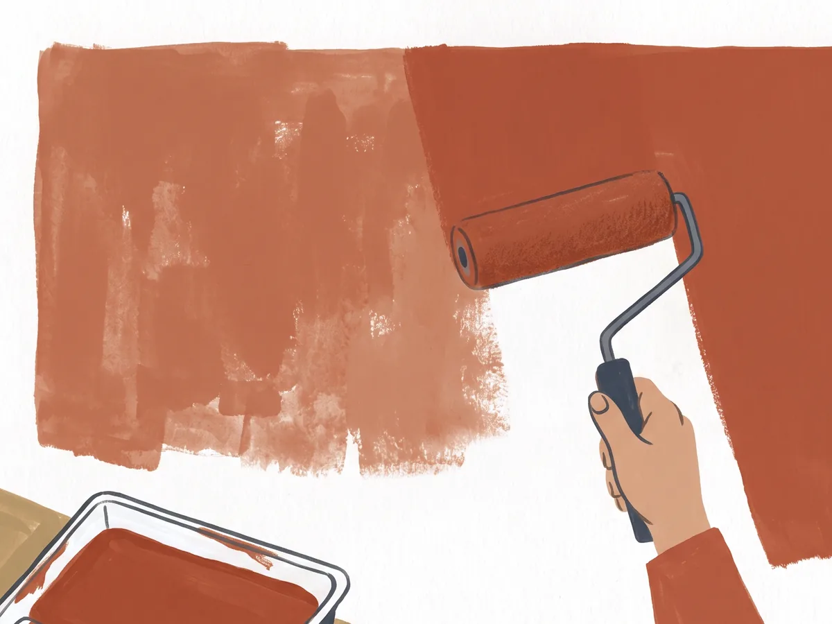 A roller laying a second coat of terracotta over a patchy first coat, a tray below